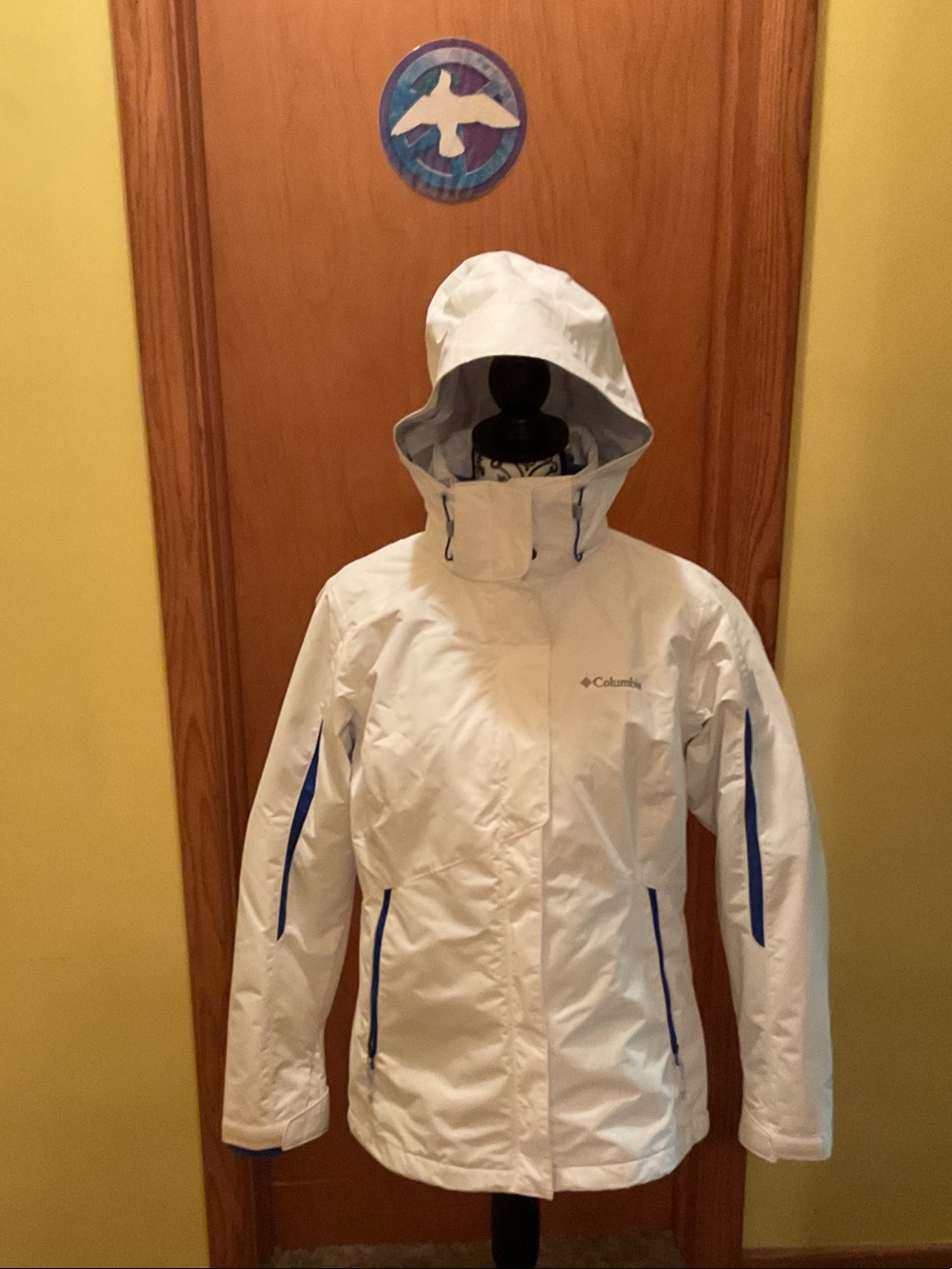Columbia White Jacket with Blue Trim Waterproof Hood